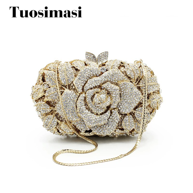 

Flower pattern fashion top selling women clutch bags wedding party gold crystal evening bag clutch purse bag (88170A-G)