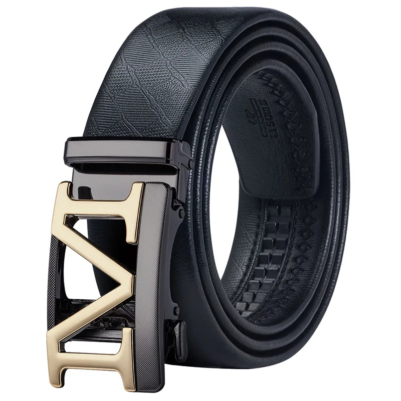 Hi Tie Men's Business Belt Black Gold Buckle Automatic Genuine Leather