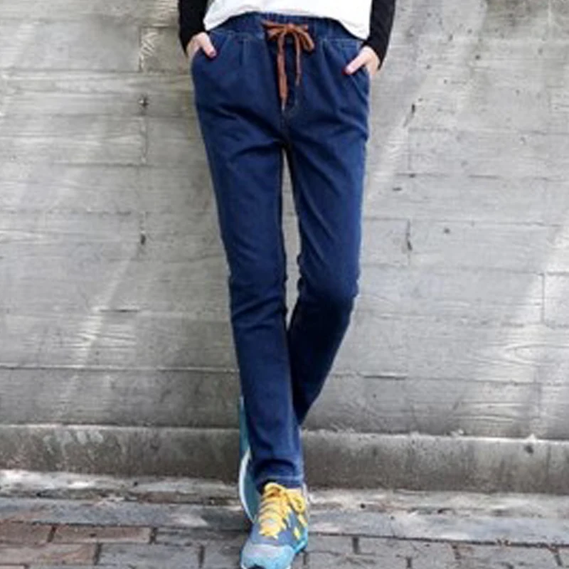 

Fashion Women's Jeans Harem Pants Elastic Pencil Jeans Casual Loose Thick Warm Belt Denim Pants Female Trousers Plus Size LQ131