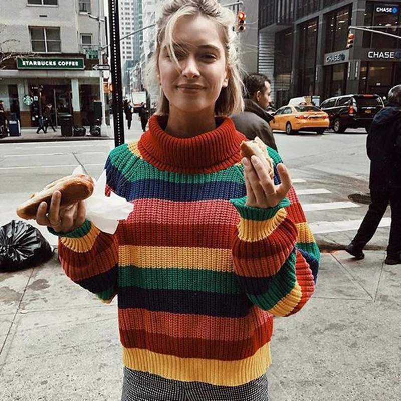 

Rainbow turtleneck sweaters women winter 2019 autumn jumpers knitted clothes fashion striped oversized pullover female clothes