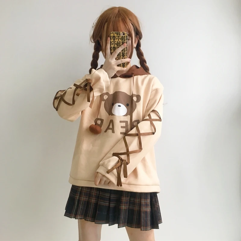 

Cute Bear Women's Hooded Pullover Winter Fall Long Sleeve Bow&Lace-up Hoodies Cashmere Sweatshirt Girls 2018 Autumn