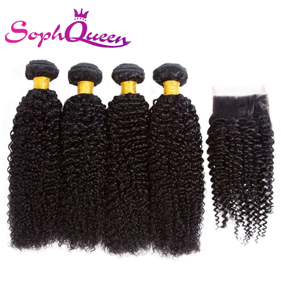 Soph queen натуральные волосы вьющиеся волна Связки с синтетическое закрытие волос бразильский волосы remy расширение натуральный цвет для женщи