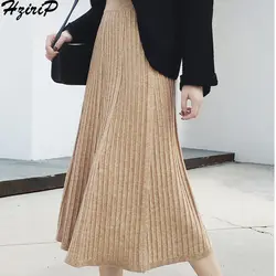 HziriP 2019 новые стильные осенние зимние однотонные простые до середины икры трапециевидные плиссированные тонкие юбки высокого качества 4