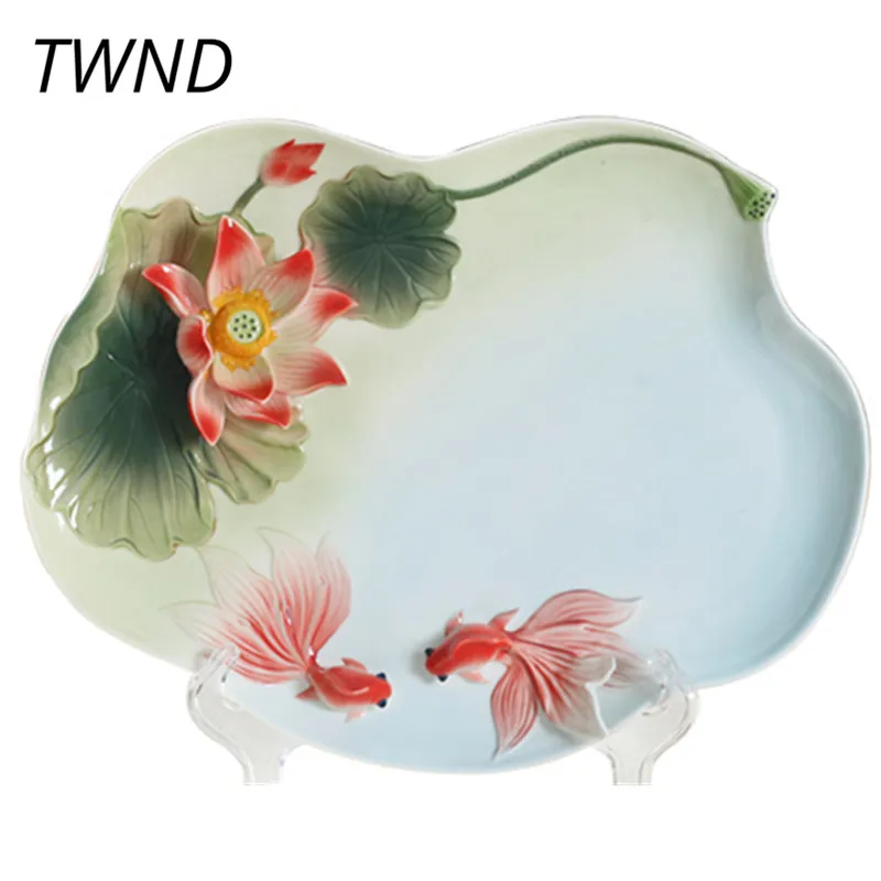 

Color Enamel Tea Tray 3D Lotus Goldfish Ceramic Drinkware Kung Fu Tea Set