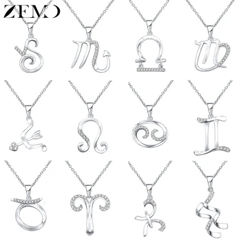 ZEMO Real 925 Sterling Silver 12 Constellation Necklaces Choker Crystal Zodiac Sign Necklace Women Horoscope Astrology Necklace
