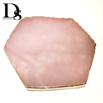 

Wholesale 1pcs Natural Rose Quartz Coaster Hexagon Crystal Platter Electroplated Gold Color Jewelry for Cup Mat Display