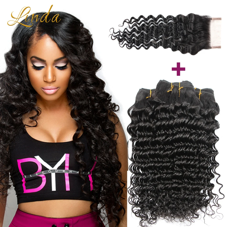Modern show hair brazilian curly Brazilian Deep Wave with Closure 4 Bundles vip beauty hair brazilian