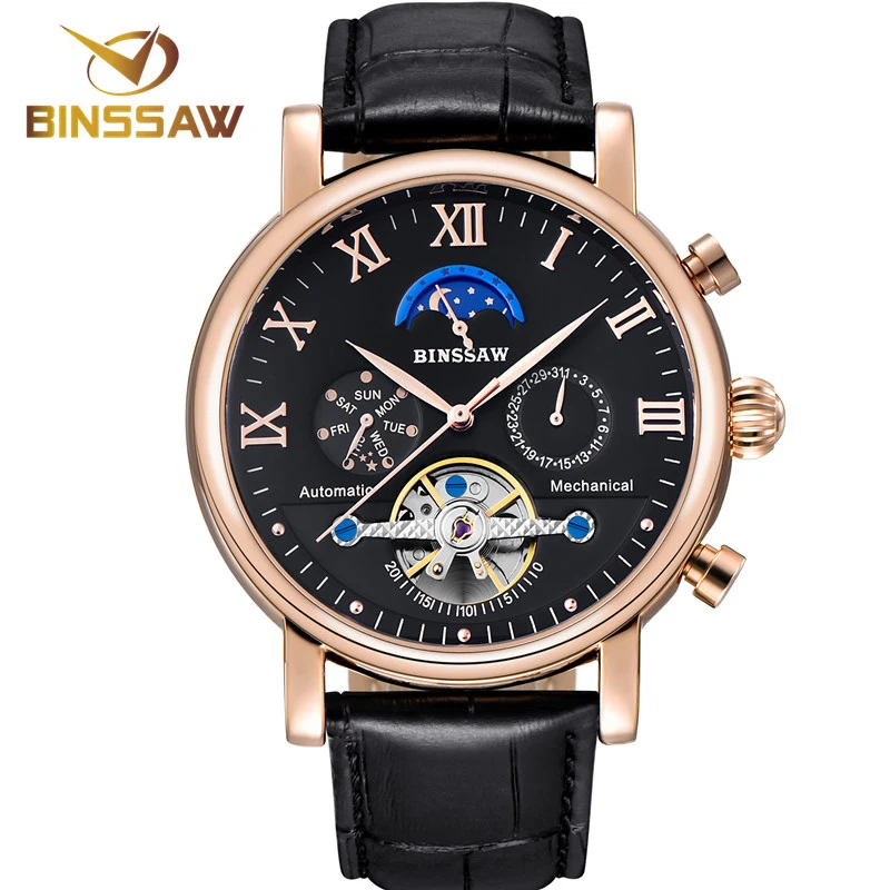 

BINSSAW Men Automatic Mechanical Watch Luxury Brand Tourbillon Waterproof Mens Leather Business Sports Watches Relogio Masculino