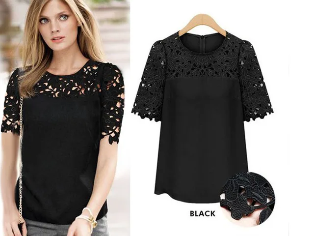 Lace Women Blouse Model Ladies Lace Shirt Round Neck Short Sleeve ...