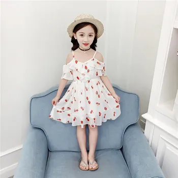 

2019 Summer Children's Chiffon Strawberry Print Spaghetti Strap Off Shoulder Princess Party Kids Pleated Girls Dress vestidos