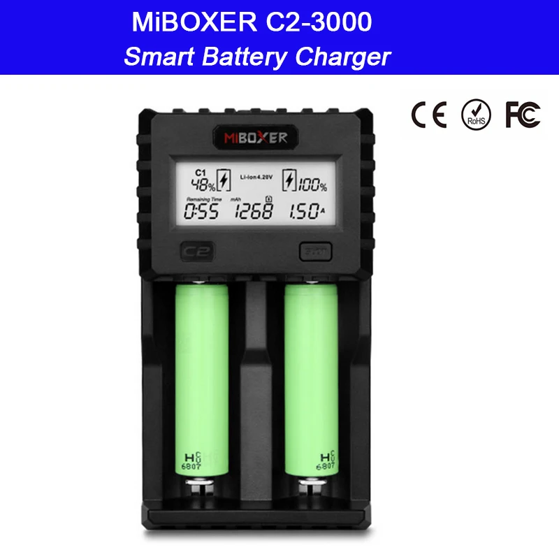 

Miboxer C2-3000 LCD Screen Charger Fully automatic intelligent charger for 4.2v Li-ion/IMR/INR/ICR/Ni-MH/Ni-Cd 18650 26650 AAA
