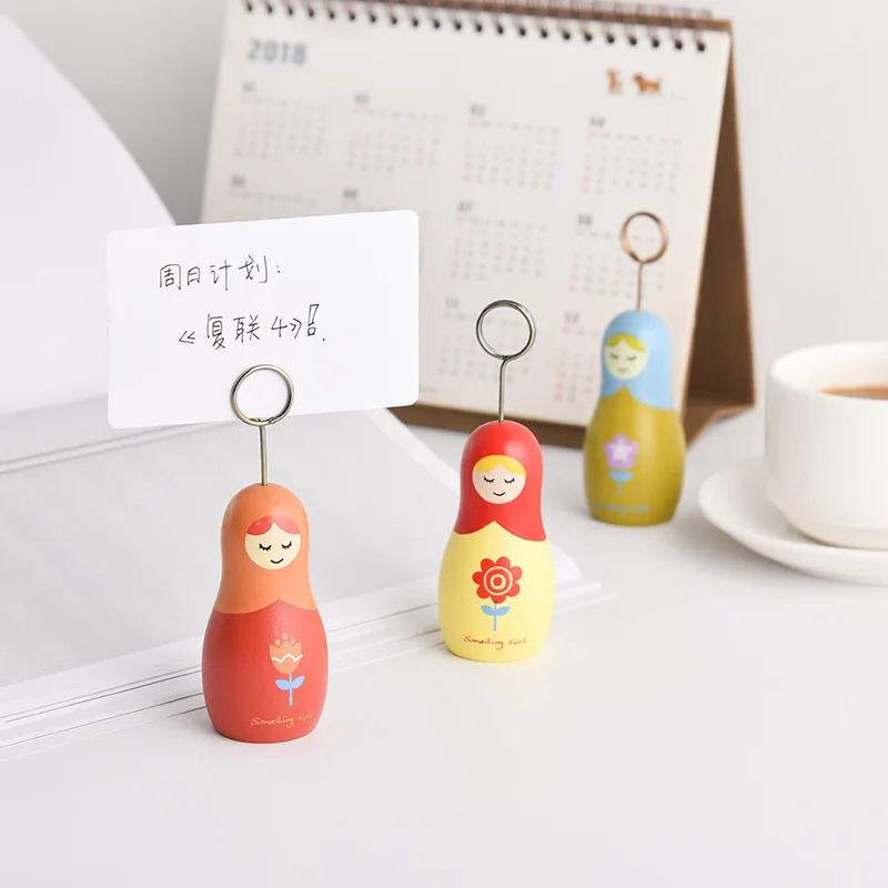 

1pc Kawaii Wooden Russian Gril Doll Matryoshka Design Memo Holder Table Decoration Card Holder Note Clip