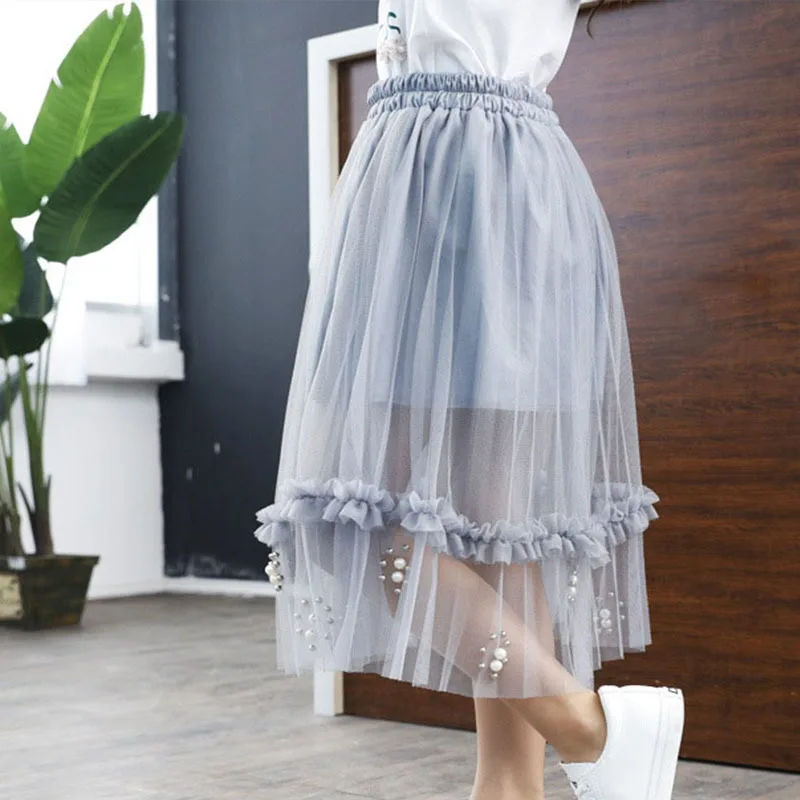 Тюлевая юбка с бисером для девочек 13, 15, 17, 3, 5, 7, 9, 11 лет, серая трапециевидная юбка средней длины с завышенной талией, юбка одежда для девочек на осень и зиму