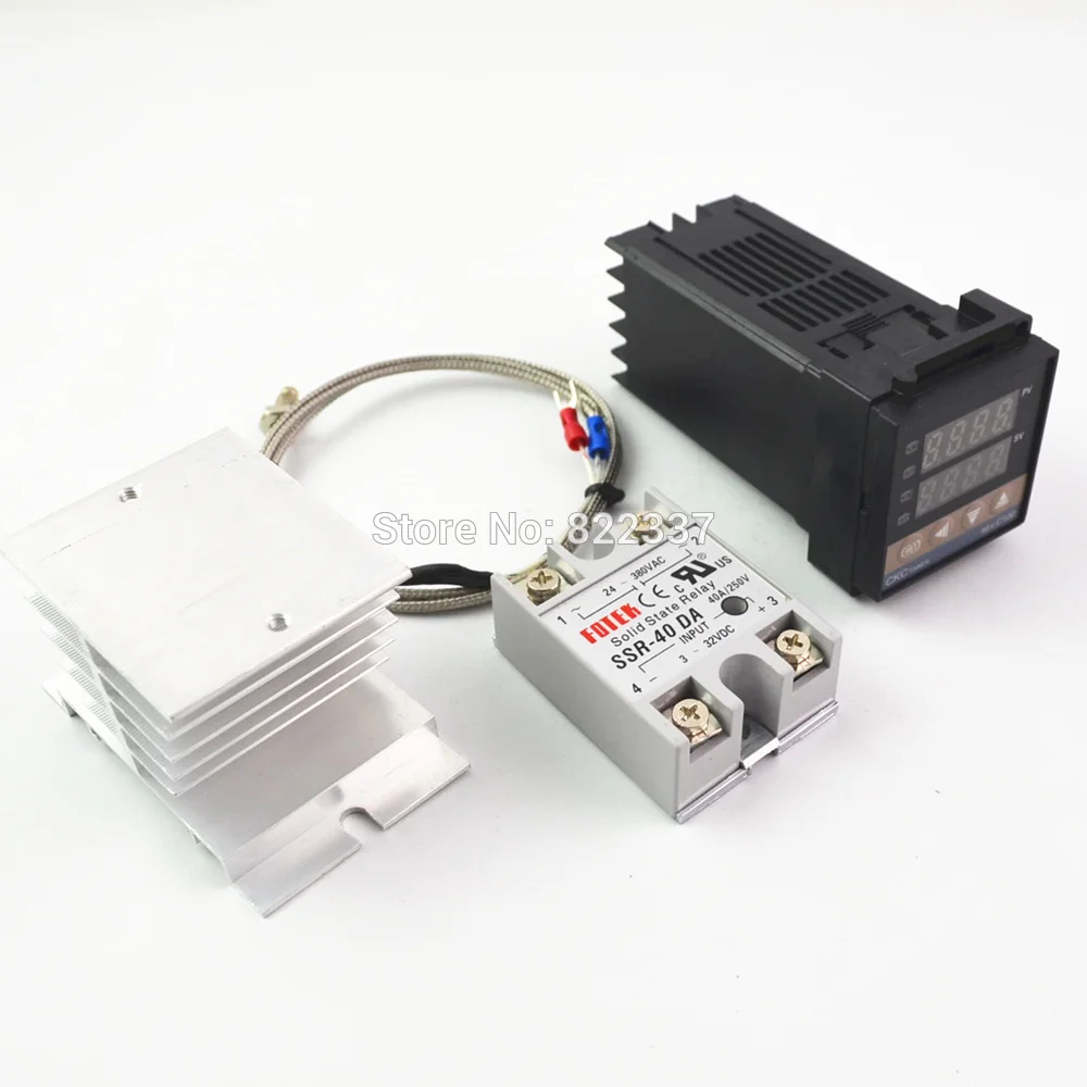 

Digital 100-240VAC PID REX-C100 Temperature Controller + max.40A SSR + K Thermocouple, PID Controller Set + Heat Sink 0-900C