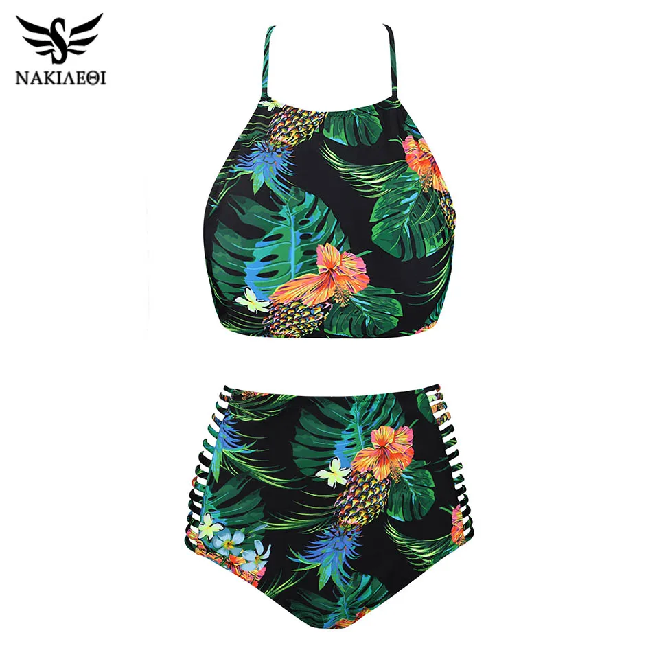

NAKIAEOI 2019 New Bikinis Swimwear Women Swimsuit Flower Print Halter Sexy High Neck Top Brazilian Bikini Padded Bathing Suits
