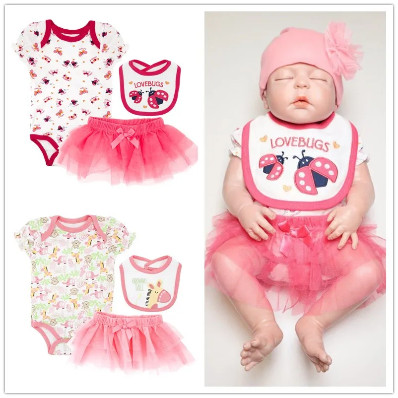 

Baby Girl Bodysuit Skirt Set Cute Bib Cartoon Newborn Baby Girl Jumpsuits Clothes 3pcs Set Infant Coveralls with Baby Bibs Skirt