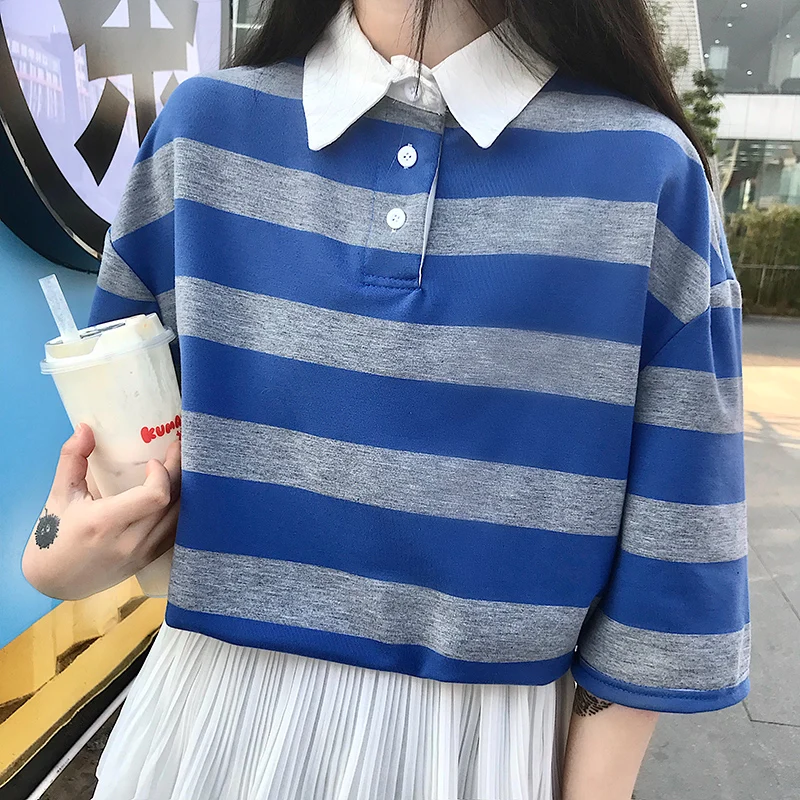2019 в Корейском стиле новая мода Harajuku женская летняя футболка полоску с коротким