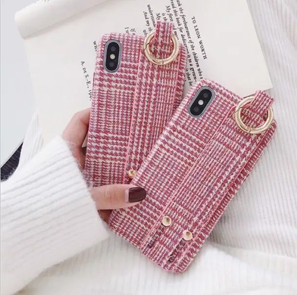 

Gimfun Pink Plaid Wristband Phone Case for Iphone Xs Max Xr Simple Fabric Plush Case for Iphone 6s 7plus 8 X Soft Tpu Back Cover