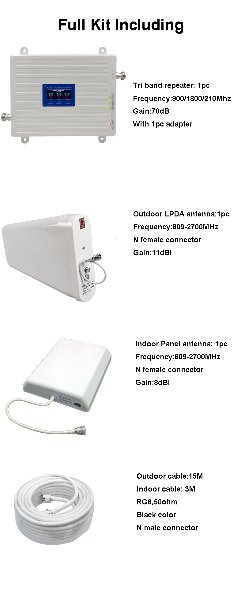 70dB Gain 2g 3g 4g Tri Band Signal Booster 900 1800 2100 GSM WCDMA UMTS LTE Cellular Repeater 90018002100mhz Amplifier kit
