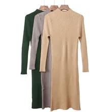 Толстое теплое осенне-зимнее женское платье-свитер до середины икры, длинное тонкое женское платье, вязаное мягкое женское платье в рубчик