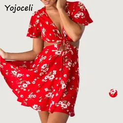 Yojoceli глубокий v-образный вырез цветочный летнее платье сексуальное Элегантное открытое платье на шнуровке женское короткое пляжное