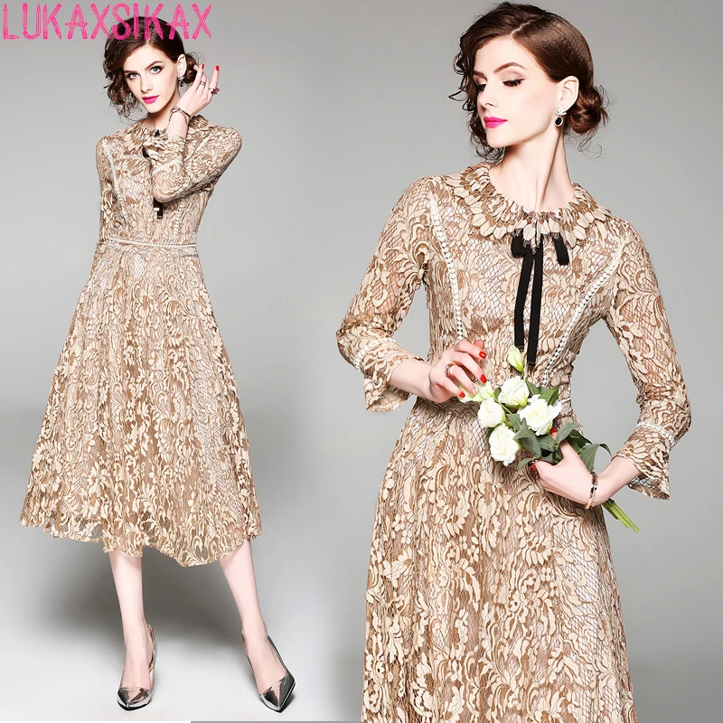 

LUKAXSIKAX FASHION 2018 New Women Long Sleeve Dress High Quality Retro Lace Runway Dress Luxury Evening Party Dresses