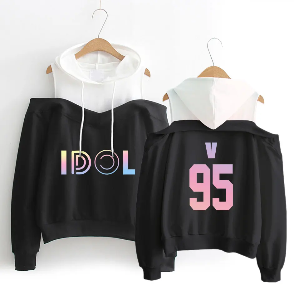 

color V/JUNG KOOK pattern printing women's fashion hip hop casual hood long sleeve off-shoulder sweatershirt SIZE S-XL
