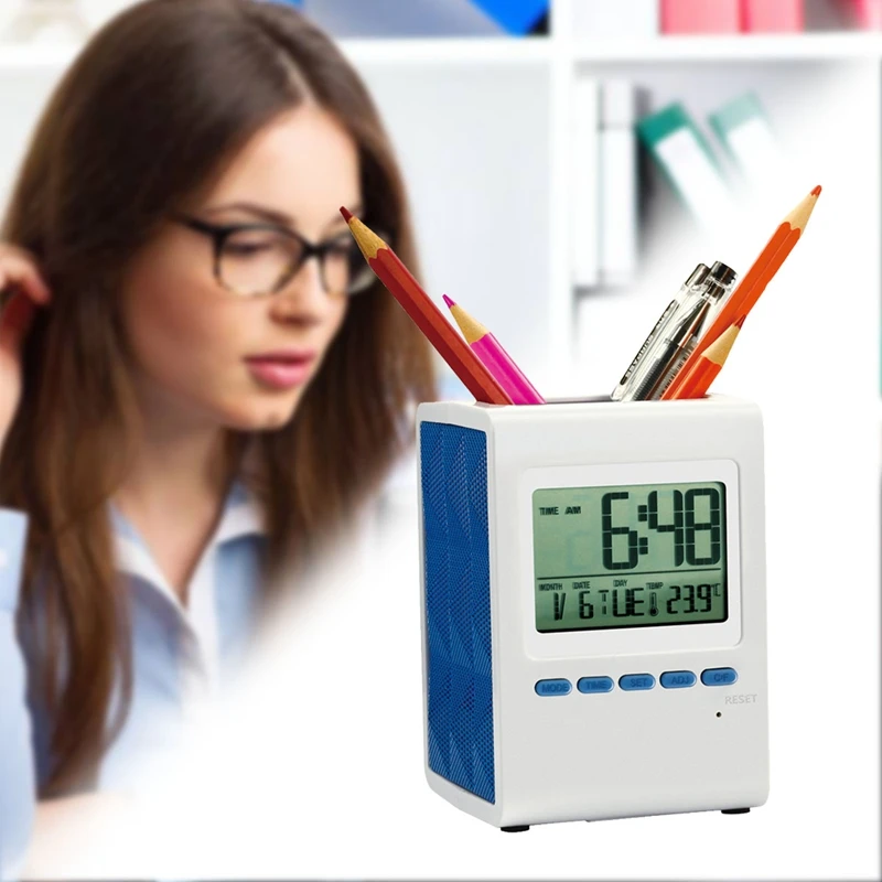

Multifunctional electronic pen holder with time alarm clock music