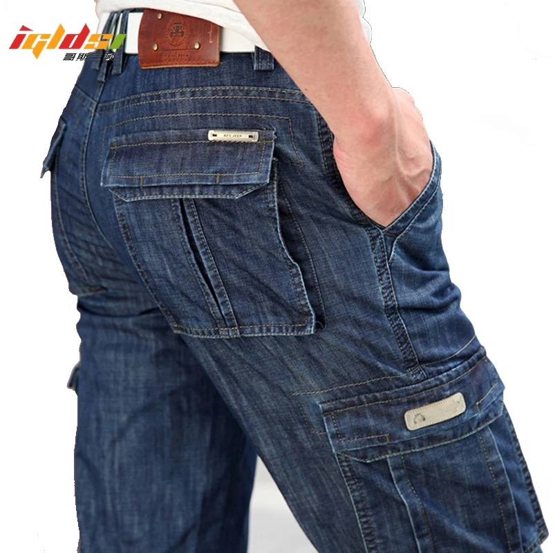 Pantalones vaqueros para hombre, ropa de trabajo con múltiples bolsillos, pantalones rectos para motocicleta, pantalones largos informales para motociclista|Pantalones vaqueros| - AliExpress