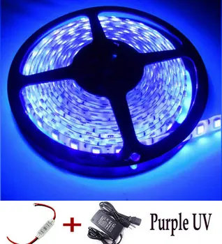 

16.4ft 5M 5050 SMD 300LED Flexible Strip Light IP65 Waterproof 12V 60Led/M car home boat bar decor UV purple+mini Dimmer+Adapter