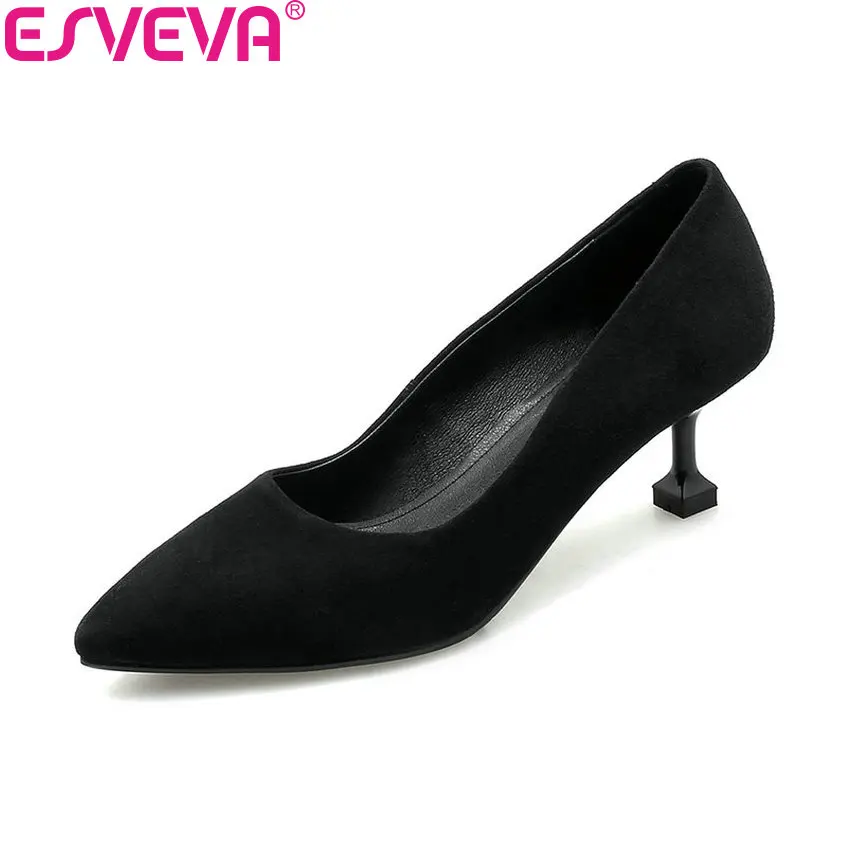 

ESVEVA 2018 Women Pumps Shoes Kid Suede PU Thin High Heels Pointed Toe Shallow Elegant Slip on Ladies Pumps Shoes Size 34-43