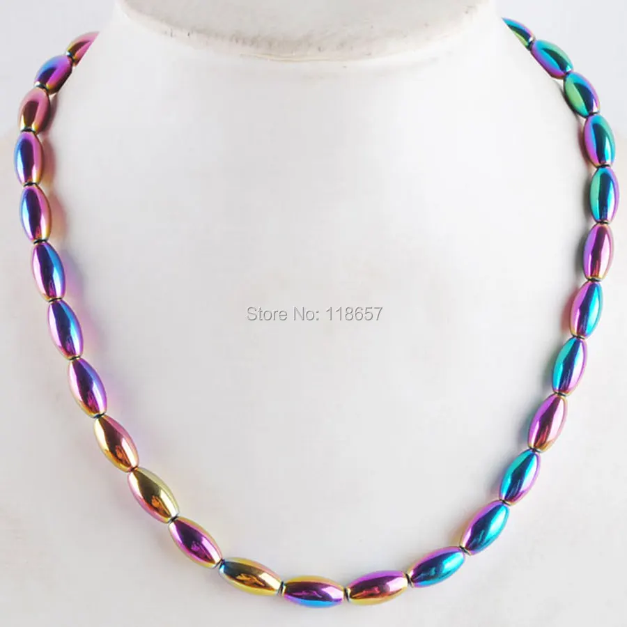 Free Shipping Motley Hematite Gem Stones Rice 6x12mm Beads Pendant Necklace 17 1/2 Inches IF3096 | Украшения и аксессуары