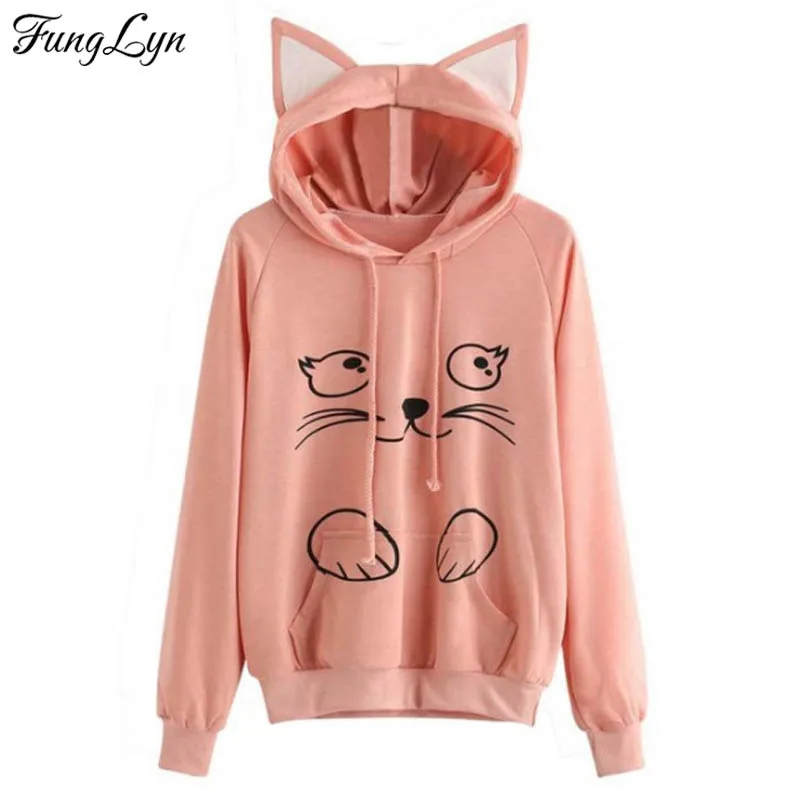 MaiJee Print Cat Hooded Crop Top Hoodie Kawaii Moletom Feminino