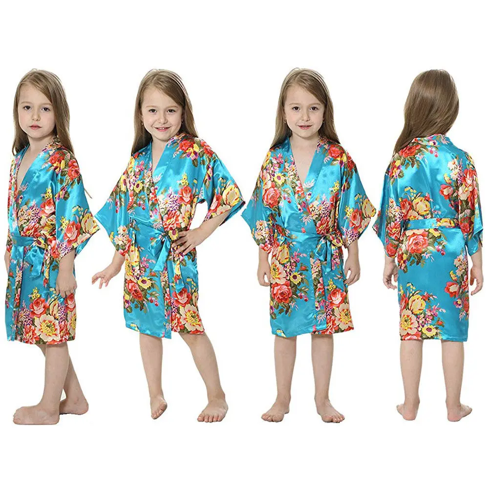 Новая модная детская Ночная одежда для девочек, летняя атласная Шелковая пижама для девочек, милая Повседневная Ночная рубашка с цветочным рисунком, банный Халат