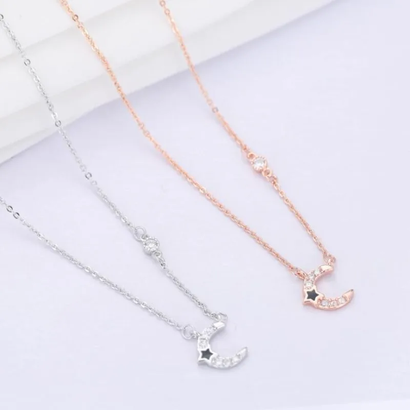 

925 Sterling Silver Jewelry Female Crystal Moon And Black Star Fashion Temperament Clavicle Chain Pendant Necklaces H145