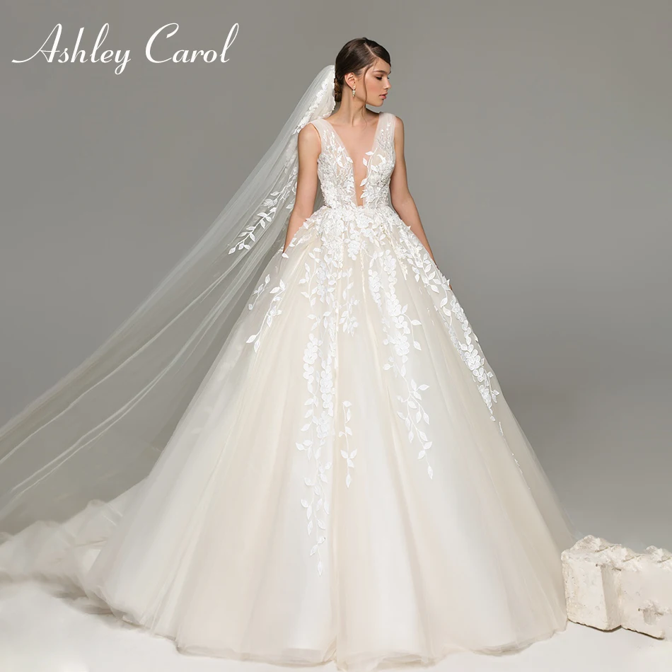 Ashley Carol сексуальное свадебное платье принцессы с глубоким v-образным вырезом и открытой спиной Часовня Поезд Аппликации Свадебные платья из фатина