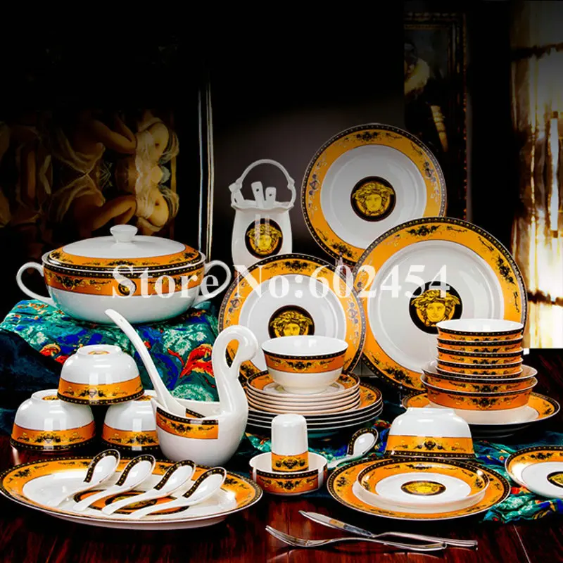 

yellow color ceramic round plate dinnerware set 60 pieces china crockery dishes set festive gift
