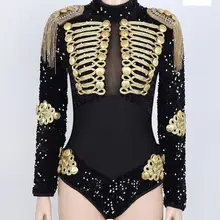 Черный Блестки золотой кисточкой Вышивка боди Женский день рождения, празднование наряд для певцов в ночном клубе танцевальный сценический одежда