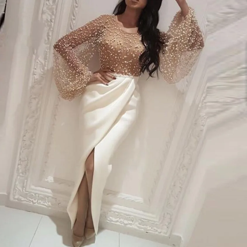 

Sexy Mermaid Evening Gowns Prom Gowns Illusion Lace Bead Prom Gowns Floor Length Ivory Split Women Party Dresses robe de soiree