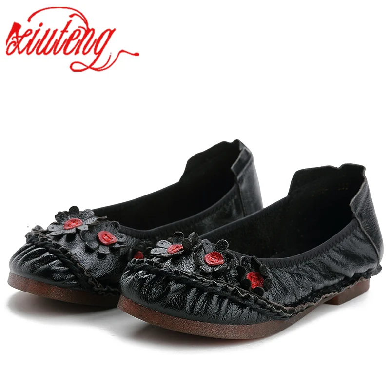 Xiuteng/ г.; сезон лето-осень; модная повседневная женская обувь с круглым носком в цветочек; женская обувь на плоской подошве из натуральной кожи в национальном стиле для девочек