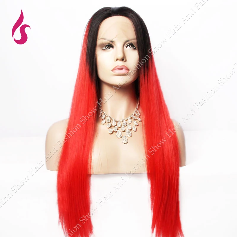 Two Tones Synthetic Lace Front Wig Red Ombre Wig Dark Root Long Natural