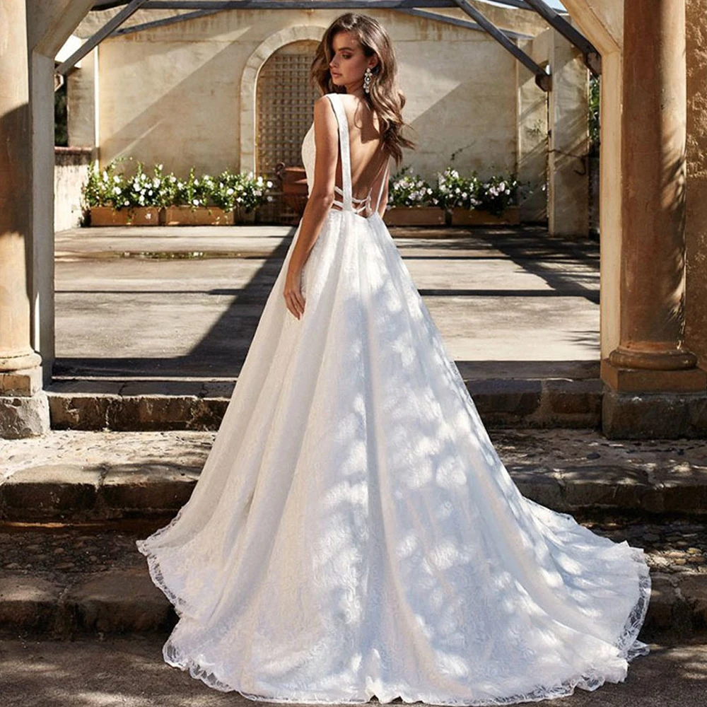

Sexy Deep V Neck Lace Appliques Wedding Dresses 2019 Full Lace A Line Backless Wedding Bride Dresses Princess Bridal Gown