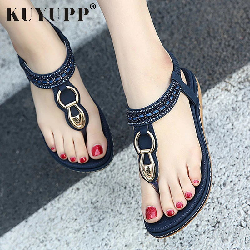 melhor KUYUPP Couro Moda Mulheres Sandals Bohemian Chinelos Diamante Mulher Flats Flip Flops Sapatos Sandálias Da Praia do Verão YDT563 size10