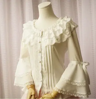 

100%real ivory beige/black lolita cosplay blouse/lolita shirt flare sleeve bowknot