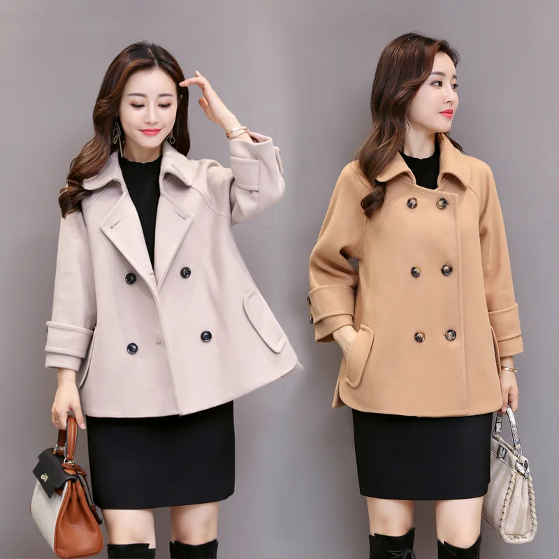 

Office Lady Cloak Womens Short Coats 2018 Winter Turn-down Collar Wool Blend Coat and Jacket Pockets Solid Ladies Coats