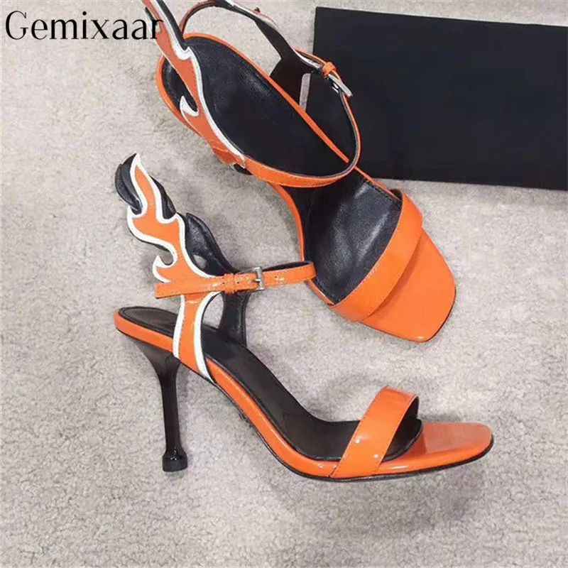 

Flame Sandals Shoes Women One Strap Square Toe Sandalias Slim Shallow Jelly Colors Thin High Heels Ankle Buckle Flame Sandals