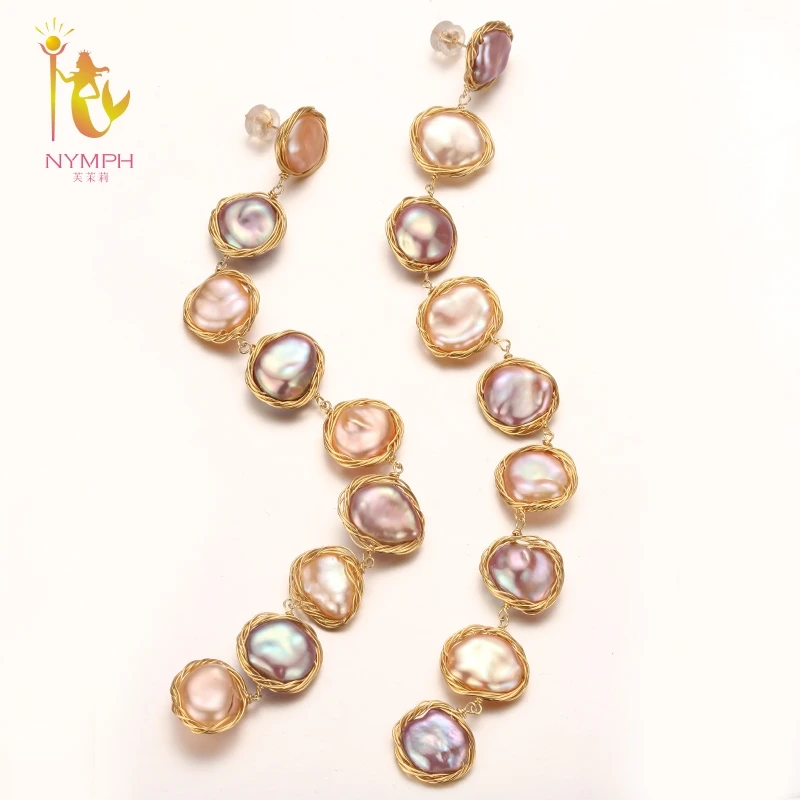 [NYMPH] Long Pearl Earrings For Women Fine Jewelry Freshwater Pearl Earrings Big Baroque 2018 Fashion Engagement Gift E326