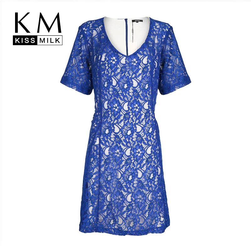 

Kissmilk Plus Size Women Clothing Solid Casual V-Neck Dress Lace Slim A-line Dress Zipper Elegant Blue Big Size Dress Vestido