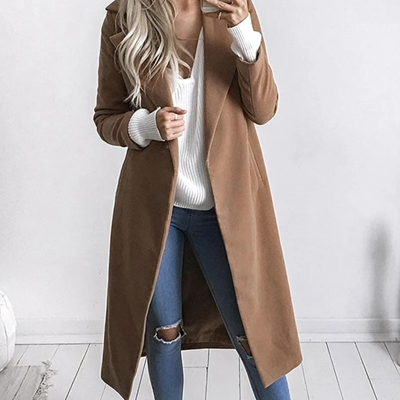 Женское зимнее шерстяное пальто, теплое пальто с отворотом, удлиненный тонкий Тренч, верхняя одежда, однотонный Открытый Топ, женская верхняя одежда размера плюс 3XL