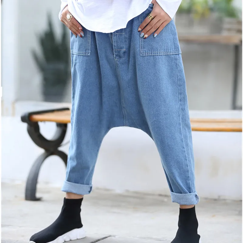 Винтажные женские шаровары, осенние джинсы размера плюс, женские мешковатые штаны в стиле хиппи, одноцветные дизайнерские Джинсовые брюки со средней талией - Цвет: Blue